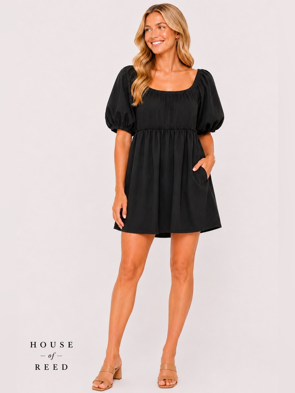 Entro Black Babydoll Mini Dress Puff Sleeve Empire Waist Ruffle Trim‎ Size M